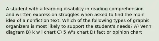 A student with a learning disability in reading comprehension and written expression struggles when asked to find the main idea of a nonfiction text. Which of the following types of graphic organizers is most likely to support the student's needs? A) Venn diagram B) k w l chart C) 5 W's chart D) fact or opinion chart