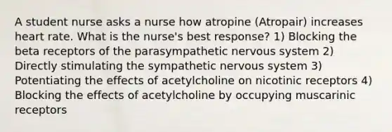 A student nurse asks a nurse how atropine (Atropair) increases heart rate. What is the nurse's best response? 1) Blocking the beta receptors of the parasympathetic nervous system 2) Directly stimulating the sympathetic nervous system 3) Potentiating the effects of acetylcholine on nicotinic receptors 4) Blocking the effects of acetylcholine by occupying muscarinic receptors