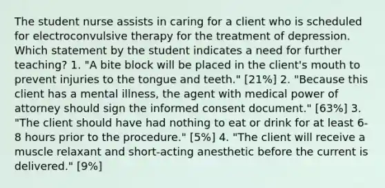 The student nurse assists in caring for a client who is scheduled for electroconvulsive therapy for the treatment of depression. Which statement by the student indicates a need for further teaching? 1. "A bite block will be placed in the client's mouth to prevent injuries to the tongue and teeth." [21%] 2. "Because this client has a mental illness, the agent with medical power of attorney should sign the informed consent document." [63%] 3. "The client should have had nothing to eat or drink for at least 6-8 hours prior to the procedure." [5%] 4. "The client will receive a muscle relaxant and short-acting anesthetic before the current is delivered." [9%]