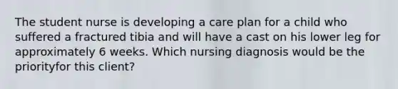 The student nurse is developing a care plan for a child who suffered a fractured tibia and will have a cast on his lower leg for approximately 6 weeks. Which nursing diagnosis would be the priorityfor this client?