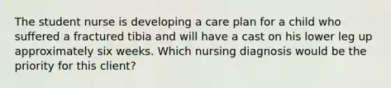 The student nurse is developing a care plan for a child who suffered a fractured tibia and will have a cast on his lower leg up approximately six weeks. Which nursing diagnosis would be the priority for this client?