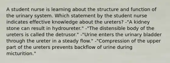 A student nurse is learning about the structure and function of the urinary system. Which statement by the student nurse indicates effective knowledge about the ureters? -"A kidney stone can result in hydroureter." -"The distensible body of the ureters is called the detrusor." -"Urine enters the urinary bladder through the ureter in a steady flow." -"Compression of the upper part of the ureters prevents backflow of urine during micturition."