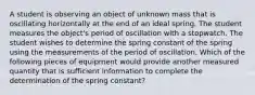 A student is observing an object of unknown mass that is oscillating horizontally at the end of an ideal spring. The student measures the object's period of oscillation with a stopwatch. The student wishes to determine the spring constant of the spring using the measurements of the period of oscillation. Which of the following pieces of equipment would provide another measured quantity that is sufficient information to complete the determination of the spring constant?