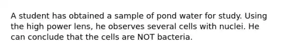 A student has obtained a sample of pond water for study. Using the high power lens, he observes several cells with nuclei. He can conclude that the cells are NOT bacteria.