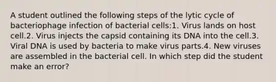 A student outlined the following steps of the lytic cycle of bacteriophage infection of bacterial cells:1. Virus lands on host cell.2. Virus injects the capsid containing its DNA into the cell.3. Viral DNA is used by bacteria to make virus parts.4. New viruses are assembled in the bacterial cell. In which step did the student make an error?