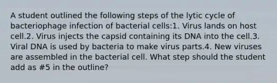 A student outlined the following steps of the lytic cycle of bacteriophage infection of bacterial cells:1. Virus lands on host cell.2. Virus injects the capsid containing its DNA into the cell.3. Viral DNA is used by bacteria to make virus parts.4. New viruses are assembled in the bacterial cell. What step should the student add as #5 in the outline?