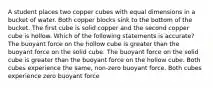 A student places two copper cubes with equal dimensions in a bucket of water. Both copper blocks sink to the bottom of the bucket. The first cube is solid copper and the second copper cube is hollow. Which of the following statements is accurate? The buoyant force on the hollow cube is greater than the buoyant force on the solid cube. The buoyant force on the solid cube is greater than the buoyant force on the hollow cube. Both cubes experience the same, non-zero buoyant force. Both cubes experience zero buoyant force