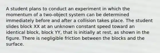 A student plans to conduct an experiment in which the momentum of a two-object system can be determined immediately before and after a collision takes place. The student slides block XX at an unknown constant speed toward an identical block, block YY, that is initially at rest, as shown in the figure. There is negligible friction between the blocks and the surface.