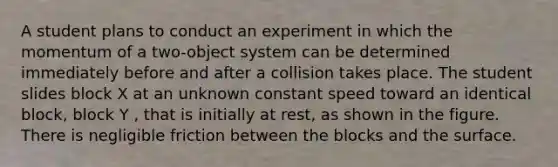 A student plans to conduct an experiment in which the momentum of a two-object system can be determined immediately before and after a collision takes place. The student slides block X at an unknown constant speed toward an identical block, block Y , that is initially at rest, as shown in the figure. There is negligible friction between the blocks and the surface.