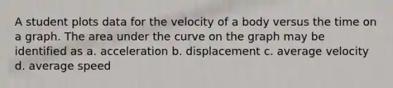 A student plots data for the velocity of a body versus the time on a graph. The area under the curve on the graph may be identified as a. acceleration b. displacement c. average velocity d. average speed