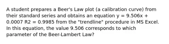 A student prepares a Beer's Law plot (a calibration curve) from their standard series and obtains an equation y = 9.506x + 0.0007 R2 = 0.9985 from the "trendline" procedure in MS Excel. In this equation, the value 9.506 corresponds to which parameter of the Beer-Lambert Law?