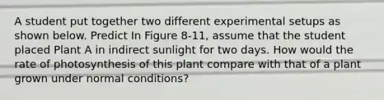 A student put together two different experimental setups as shown below. Predict In Figure 8-11, assume that the student placed Plant A in indirect sunlight for two days. How would the rate of photosynthesis of this plant compare with that of a plant grown under normal conditions?