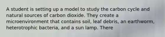 A student is setting up a model to study the carbon cycle and natural sources of carbon dioxide. They create a microenvironment that contains soil, leaf debris, an earthworm, heterotrophic bacteria, and a sun lamp. There