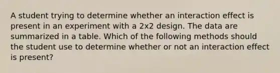 A student trying to determine whether an interaction effect is present in an experiment with a 2x2 design. The data are summarized in a table. Which of the following methods should the student use to determine whether or not an interaction effect is present?