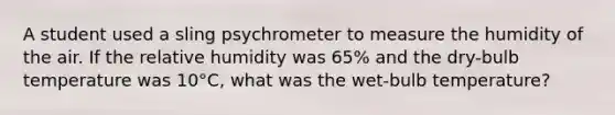 A student used a sling psychrometer to measure the humidity of the air. If the relative humidity was 65% and the dry-bulb temperature was 10°C, what was the wet-bulb temperature?