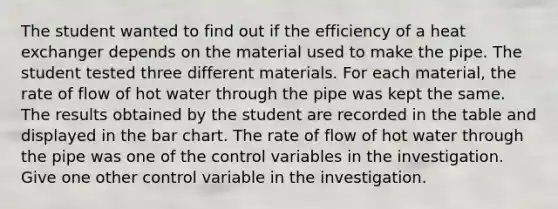 The student wanted to find out if the efficiency of a heat exchanger depends on the material used to make the pipe. The student tested three different materials. For each material, the rate of flow of hot water through the pipe was kept the same. The results obtained by the student are recorded in the table and displayed in the bar chart. The rate of flow of hot water through the pipe was one of the control variables in the investigation. Give one other control variable in the investigation.