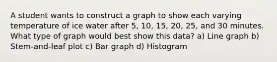 A student wants to construct a graph to show each varying temperature of ice water after 5, 10, 15, 20, 25, and 30 minutes. What type of graph would best show this data? a) Line graph b) Stem-and-leaf plot c) Bar graph d) Histogram