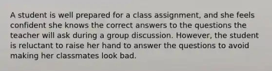 A student is well prepared for a class assignment, and she feels confident she knows the correct answers to the questions the teacher will ask during a group discussion. However, the student is reluctant to raise her hand to answer the questions to avoid making her classmates look bad.