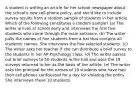 A student is writing an article for her school newspaper about the school's new cell-phone policy, and she'd like to include survey results from a random sample of students in her article. Which of the following constitutes a random sample? (a) The writer arrives at school early and interviews the first five students who come through the main entrance. (b) The writer pulls the names of five students from a hat that contains all students' names. She interviews the five selected students. (c) The writer asks her teacher if she can distribute a brief survey to the students in her AP Psychology class. (d) The writer passes out brief surveys to 50 students in the hall and uses the 18 surveys returned to her as the basis of her article. (e) The writer asks the principal for the names of 10 students who have had their cell phones confiscated for a day for violating the policy. She interviews these 10 students.