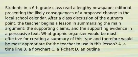 Students in a 6th grade class read a lengthy newspaper editorial presenting the likely consequences of a proposed change in the local school calendar. After a class discussion of the author's point, the teacher begins a lesson in summarizing the main argument, the supporting claims, and the supporting evidence in a persuasive text. What graphic organizer would be most effective for creating a summary of this type and therefore would be most appropriate for the teacher to use in this lesson? A. a time line B. a flowchart C. a T-chart D. an outline