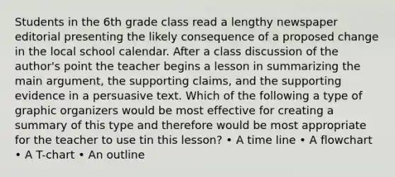 Students in the 6th grade class read a lengthy newspaper editorial presenting the likely consequence of a proposed change in the local school calendar. After a class discussion of the author's point the teacher begins a lesson in summarizing the main argument, the supporting claims, and the supporting evidence in a persuasive text. Which of the following a type of graphic organizers would be most effective for creating a summary of this type and therefore would be most appropriate for the teacher to use tin this lesson? • A time line • A flowchart • A T-chart • An outline