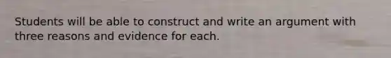 Students will be able to construct and write an argument with three reasons and evidence for each.