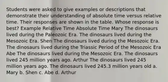 Students were asked to give examples or descriptions that demonstrate their understanding of absolute time versus relative time. Their responses are shown in the table. Whose response is best? Example Relative Time Absolute Time Mary The dinosaurs lived during the Paleozoic Era. The dinosaurs lived during the Mesozoic Era. Shen The dinosaurs lived during the Mesozoic Era. The dinosaurs lived during the Triassic Period of the Mesozoic Era Abe The dinosaurs lived during the Mesozoic Era. The dinosaurs lived 245 million years ago. Arthur The dinosaurs lived 245 million years ago. The dinosaurs lived 245.3 million years old a. Mary b. Shen c. Abe d. Arthur