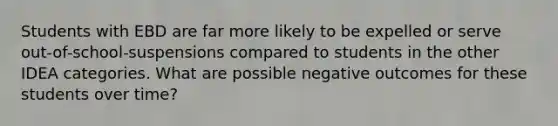 Students with EBD are far more likely to be expelled or serve out-of-school-suspensions compared to students in the other IDEA categories. What are possible negative outcomes for these students over time?