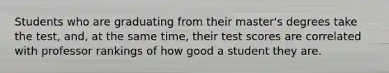 Students who are graduating from their master's degrees take the test, and, at the same time, their test scores are correlated with professor rankings of how good a student they are.