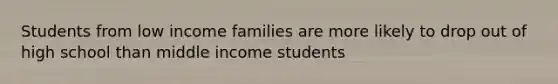 Students from low income families are more likely to drop out of high school than middle income students