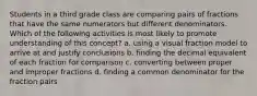 Students in a third grade class are comparing pairs of fractions that have the same numerators but different denominators. Which of the following activities is most likely to promote understanding of this concept? a. using a visual fraction model to arrive at and justify conclusions b. finding the decimal equivalent of each fraction for comparison c. converting between proper and improper fractions d. finding a common denominator for the fraction pairs