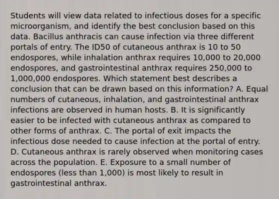 Students will view data related to infectious doses for a specific microorganism, and identify the best conclusion based on this data. Bacillus anthracis can cause infection via three different portals of entry. The ID50 of cutaneous anthrax is 10 to 50 endospores, while inhalation anthrax requires 10,000 to 20,000 endospores, and gastrointestinal anthrax requires 250,000 to 1,000,000 endospores. Which statement best describes a conclusion that can be drawn based on this information? A. Equal numbers of cutaneous, inhalation, and gastrointestinal anthrax infections are observed in human hosts. B. It is significantly easier to be infected with cutaneous anthrax as compared to other forms of anthrax. C. The portal of exit impacts the infectious dose needed to cause infection at the portal of entry. D. Cutaneous anthrax is rarely observed when monitoring cases across the population. E. Exposure to a small number of endospores (less than 1,000) is most likely to result in gastrointestinal anthrax.