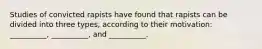 Studies of convicted rapists have found that rapists can be divided into three types, according to their motivation: __________, __________, and __________.