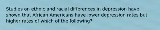 Studies on ethnic and racial differences in depression have shown that African Americans have lower depression rates but higher rates of which of the following?