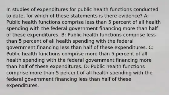 In studies of expenditures for public health functions conducted to date, for which of these statements is there evidence? A: Public health functions comprise less than 5 percent of all health spending with the federal government financing more than half of these expenditures. B: Public health functions comprise less than 5 percent of all health spending with the federal government financing less than half of these expenditures. C: Public health functions comprise more than 5 percent of all health spending with the federal government financing more than half of these expenditures. D: Public health functions comprise more than 5 percent of all health spending with the federal government financing less than half of these expenditures.