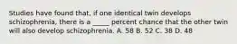 Studies have found that, if one identical twin develops schizophrenia, there is a _____ percent chance that the other twin will also develop schizophrenia. A. 58 B. 52 C. 38 D. 48