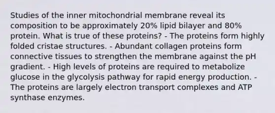 Studies of the inner mitochondrial membrane reveal its composition to be approximately 20% lipid bilayer and 80% protein. What is true of these proteins? - The proteins form highly folded cristae structures. - Abundant collagen proteins form connective tissues to strengthen the membrane against the pH gradient. - High levels of proteins are required to metabolize glucose in the glycolysis pathway for rapid energy production. - The proteins are largely electron transport complexes and ATP synthase enzymes.