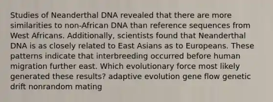 Studies of Neanderthal DNA revealed that there are more similarities to non-African DNA than reference sequences from West Africans. Additionally, scientists found that Neanderthal DNA is as closely related to East Asians as to Europeans. These patterns indicate that interbreeding occurred before human migration further east. Which evolutionary force most likely generated these results? adaptive evolution gene flow genetic drift nonrandom mating