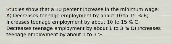 Studies show that a 10 percent increase in the minimum wage: A) Decreases teenage employment by about 10 to 15 % B) Increases teenage employment by about 10 to 15 % C) Decreases teenage employment by about 1 to 3 % D) Increases teenage employment by about 1 to 3 %