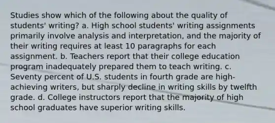 Studies show which of the following about the quality of students' writing? a. High school students' writing assignments primarily involve analysis and interpretation, and the majority of their writing requires at least 10 paragraphs for each assignment. b. Teachers report that their college education program inadequately prepared them to teach writing. c. Seventy percent of U.S. students in fourth grade are high-achieving writers, but sharply decline in writing skills by twelfth grade. d. College instructors report that the majority of high school graduates have superior writing skills.