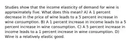 Studies show that the income elasticity of demand for wine is approximately five. What does this mean? A) A 1 percent decrease in the price of wine leads to a 5 percent increase in wine consumption. B) A 1 percent increase in income leads to a 5 percent increase in wine consumption. C) A 5 percent increase in income leads to a 1 percent increase in wine consumption. D) Wine is a relatively elastic good.