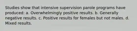 ​Studies show that intensive supervision parole programs have produced: ​a. Overwhelmingly positive results. ​b. Generally negative results. c. ​Positive results for females but not males. ​d. Mixed results.