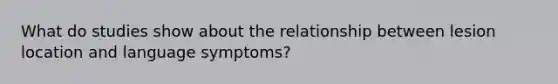 What do studies show about the relationship between lesion location and language symptoms?