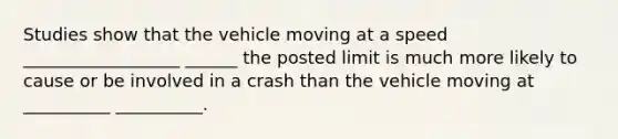 Studies show that the vehicle moving at a speed __________________ ______ the posted limit is much more likely to cause or be involved in a crash than the vehicle moving at __________ __________.