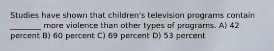 Studies have shown that children's television programs contain ________ more violence than other types of programs. A) 42 percent B) 60 percent C) 69 percent D) 53 percent