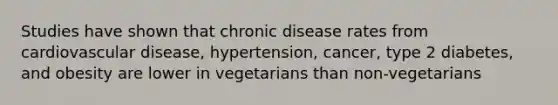 Studies have shown that chronic disease rates from cardiovascular disease, hypertension, cancer, type 2 diabetes, and obesity are lower in vegetarians than non-vegetarians