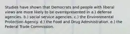 Studies have shown that Democrats and people with liberal views are more likely to be overrepresented in a.) defense agencies. b.) social service agencies. c.) the Environmental Protection Agency. d.) the Food and Drug Administration. e.) the Federal Trade Commission.