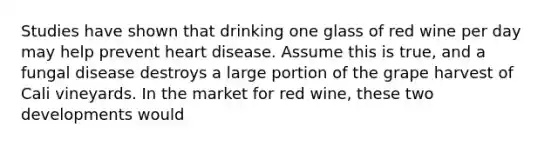 Studies have shown that drinking one glass of red wine per day may help prevent heart disease. Assume this is true, and a fungal disease destroys a large portion of the grape harvest of Cali vineyards. In the market for red wine, these two developments would