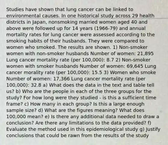 Studies have shown that lung cancer can be linked to environmental causes. In one historical study across 29 health districts in Japan, nonsmoking married women aged 40 and above were followed up for 14 years (1966-79) and annual mortality rates for lung cancer were assessed according to the smoking habits of their husbands. They were compared to women who smoked. The results are shown. 1) Non-smoker women with non-smoker husbands Number of women: 21,895 Lung cancer mortality rate (per 100,000): 8.7 2) Non-smoker women with smoker husbands Number of women: 69,645 Lung cancer morality rate (per 100,000): 15.5 3) Women who smoke Number of women: 17,366 Lung cancer mortality rate (per 100,000): 32.8 a) What does the data in the text and table tell us? b) Who are the people in each of the three groups for the study? For how long were they studied - is this a sufficient time frame? c) How many in each group? Is this a large enough sample size? d) What are the figures meaning? What does 100,000 mean? e) Is there any additional data needed to draw a conclusion? Are there any limitations to the data provided? f) Evaluate the method used in this epidemiological study g) Justify conclusions that could be rawn from the results of the study