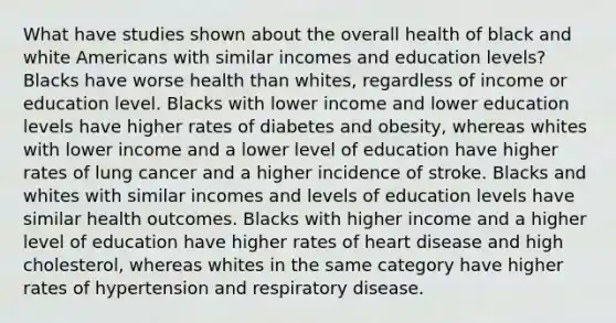 What have studies shown about the overall health of black and white Americans with similar incomes and education levels? Blacks have worse health than whites, regardless of income or education level. Blacks with lower income and lower education levels have higher rates of diabetes and obesity, whereas whites with lower income and a lower level of education have higher rates of lung cancer and a higher incidence of stroke. Blacks and whites with similar incomes and levels of education levels have similar health outcomes. Blacks with higher income and a higher level of education have higher rates of heart disease and high cholesterol, whereas whites in the same category have higher rates of hypertension and respiratory disease.